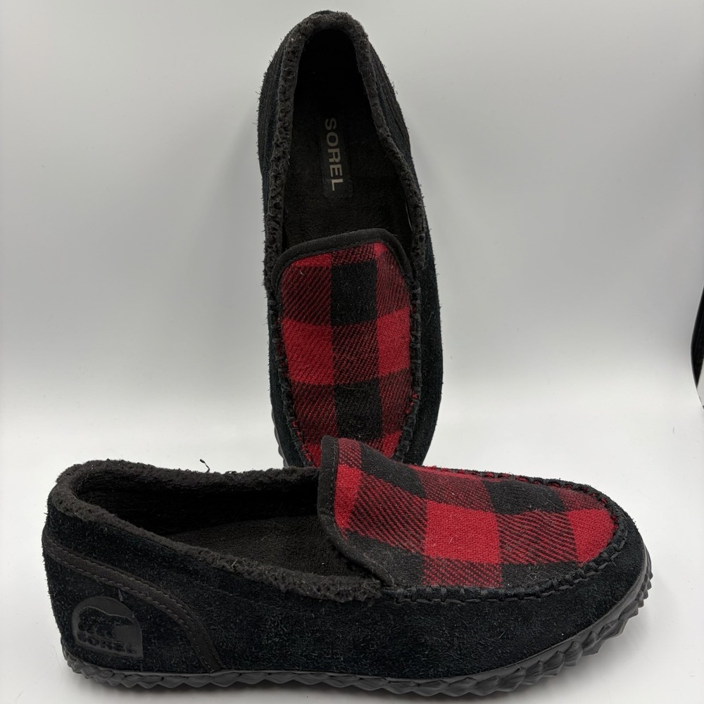 Sorel Dude Moc Mens Size 8.5 Moccasin‎ Slippers Suede Red Black Plaid